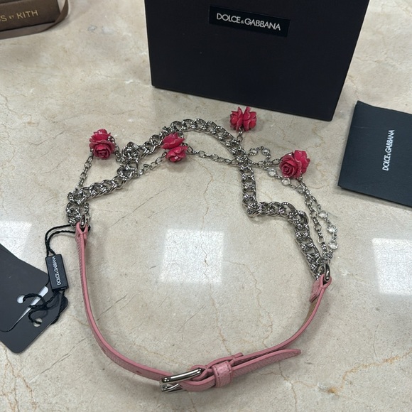 DOLCE & GABBANA PINK IGUANA TEXTURED LEATHER/SILVER CHAIN BELT W/ROSES CRYSTAL - Picture 7 of 16